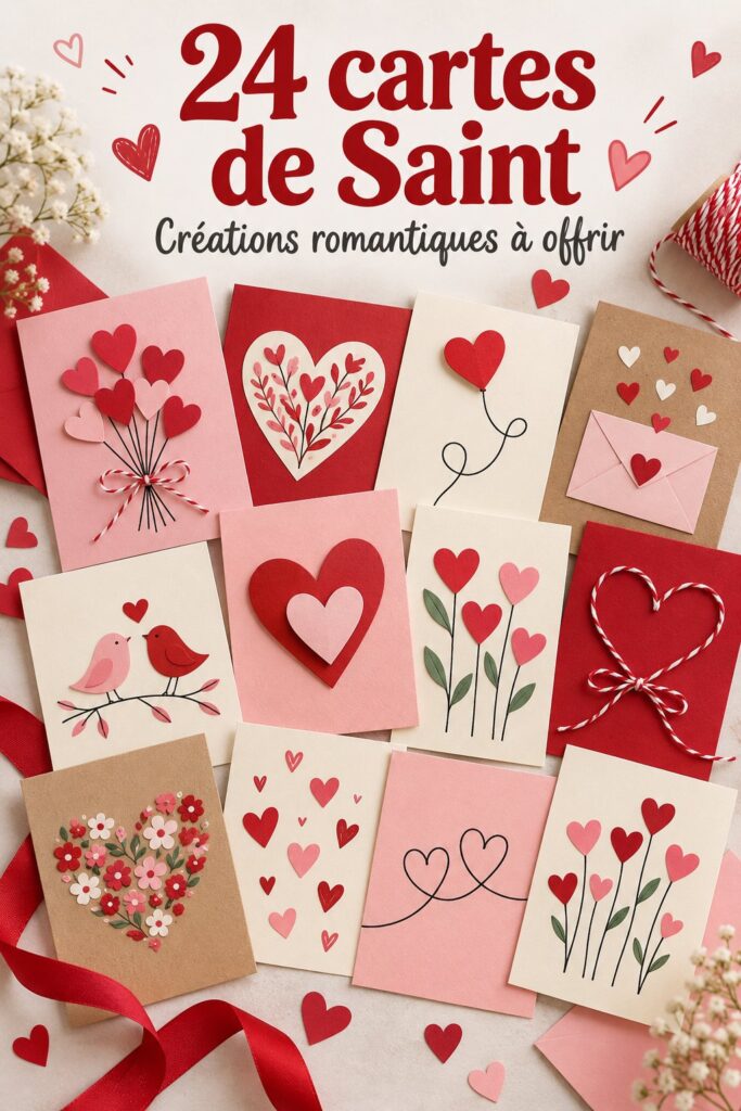 Vitrine de 24 cartes de Saint-Valentin faites main disposées sur une table.