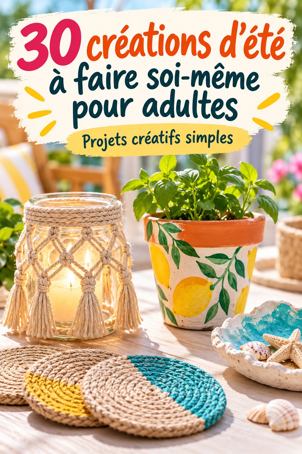 Montage coloré d'idées DIY estivales incluant des décorations et des projets créatifs faits main.