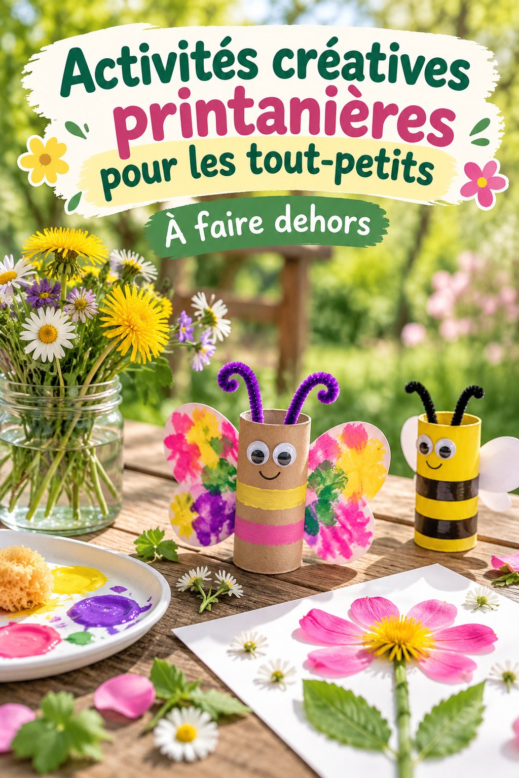 enfants s'amusant à réaliser un bricolage printanier à l'extérieur