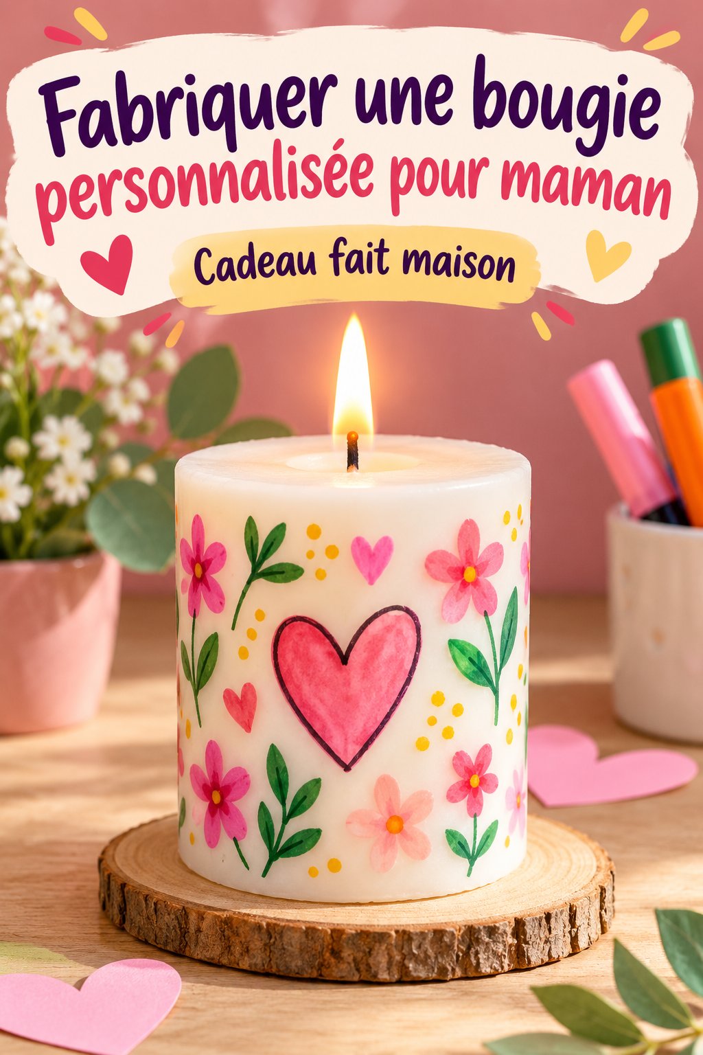 Photo d'une bougie personnalisée faite main, parfaite pour un cadeau de fête des mères.