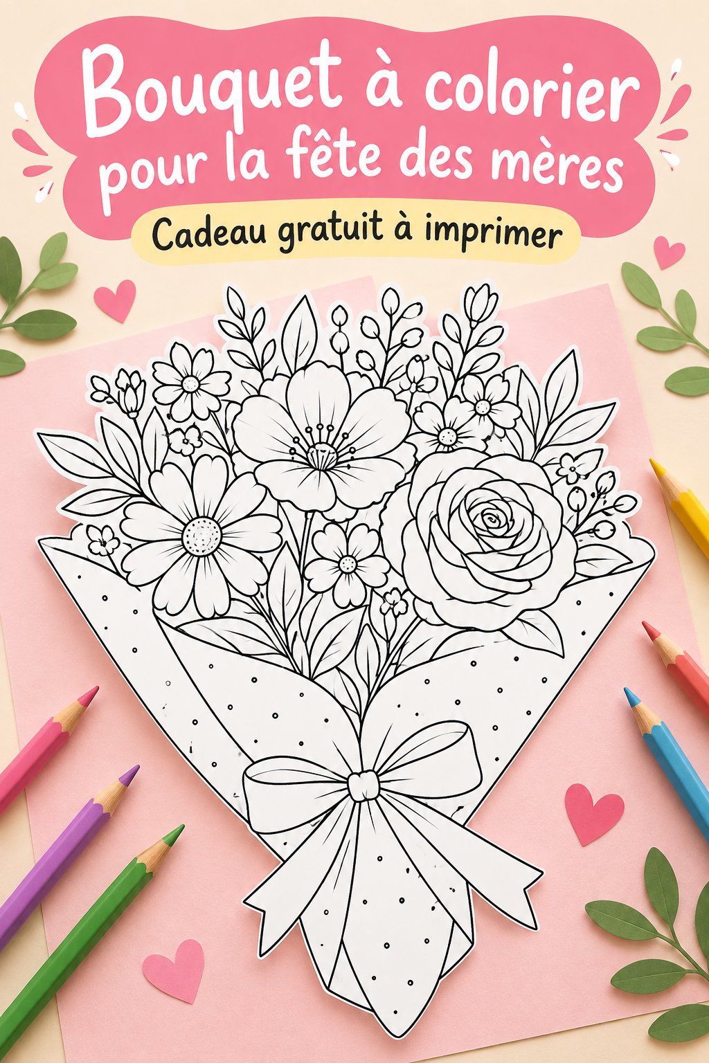 Carte à colorier pour la fête des mères avec un bouquet de fleurs.