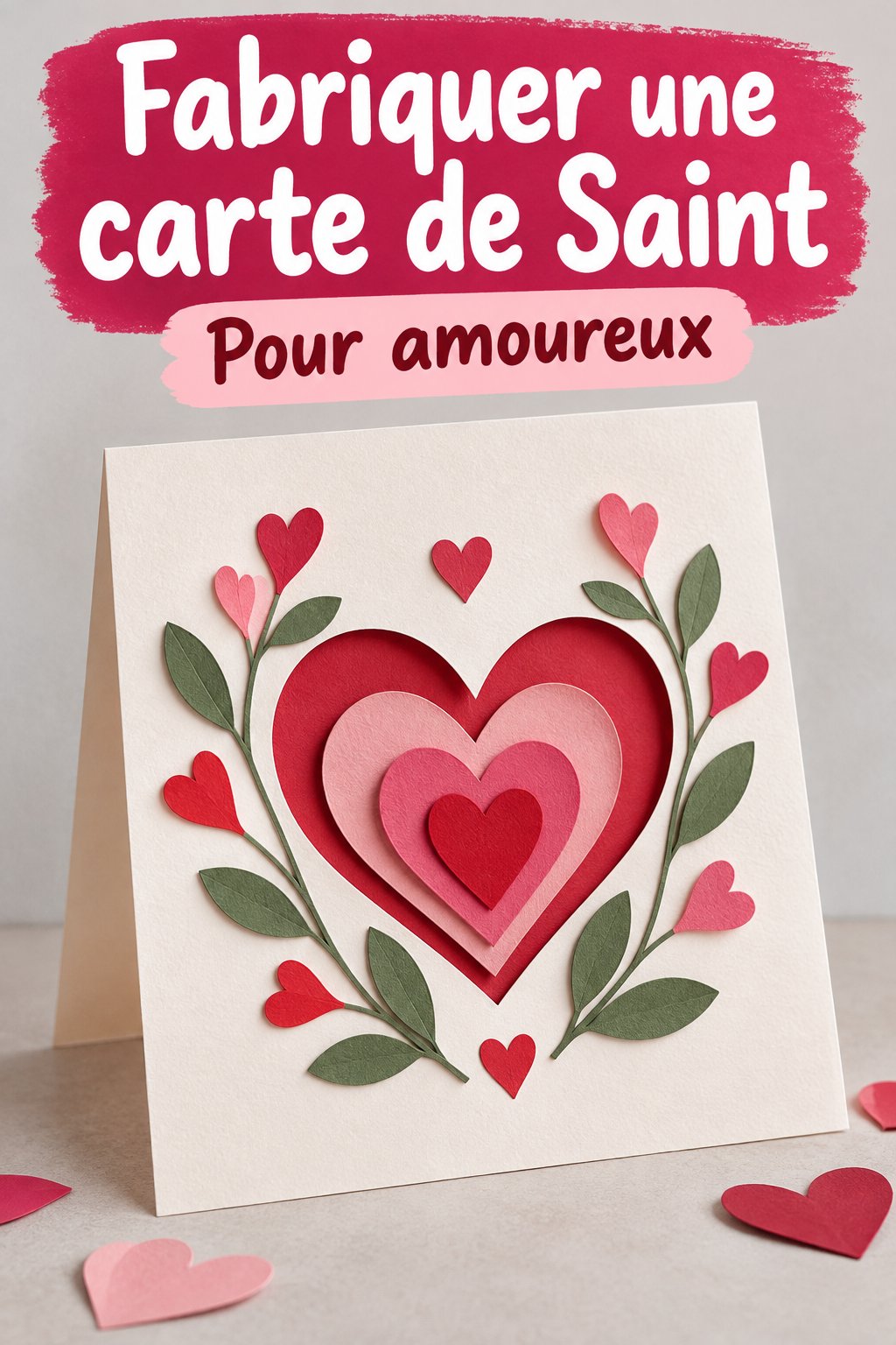 Une carte de Saint-Valentin artisanale avec des cœurs et des message d'amour.