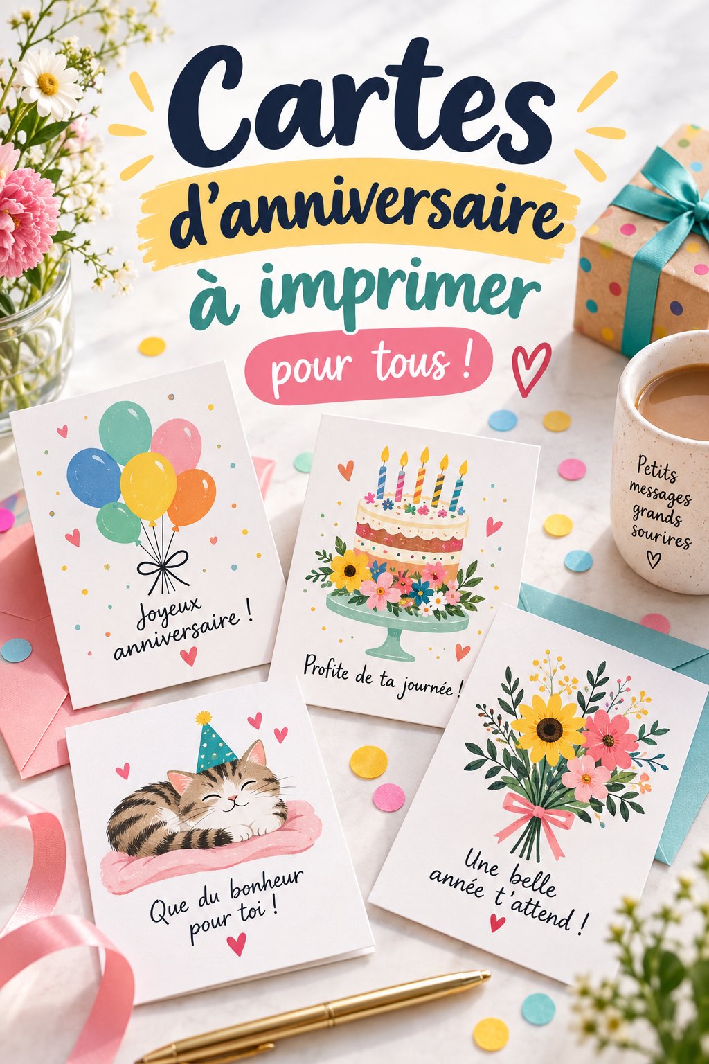 Exemple de cartes d'anniversaire imprimables colorées et créatives.