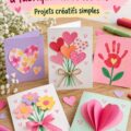 Enfants créant des cartes DIY colorées pour la fête des mères avec du papier et des crayons.