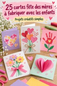 Enfants créant des cartes DIY colorées pour la fête des mères avec du papier et des crayons.