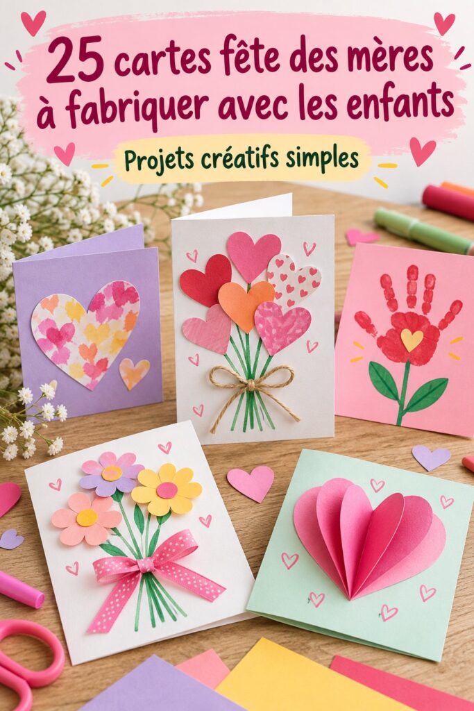 Enfants créant des cartes DIY colorées pour la fête des mères avec du papier et des crayons.