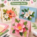 Une carte pop-up fleurie colorée ouverte sur une table avec des découpes florales.