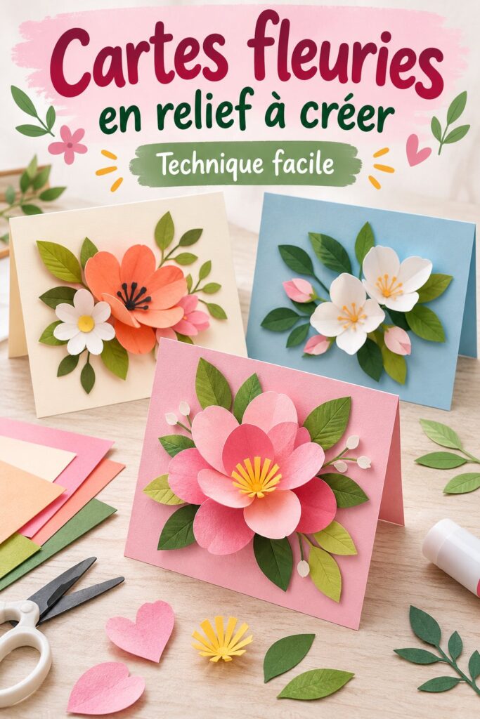 Une carte pop-up fleurie colorée ouverte sur une table avec des découpes florales.