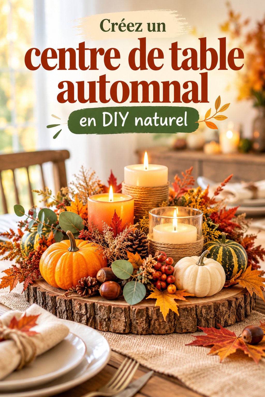 centre de table automnal fait à partir d'éléments naturels
