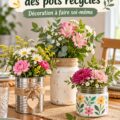 Centre de table floral réalisé avec des bocaux recyclés, décoré de fleurs colorées.