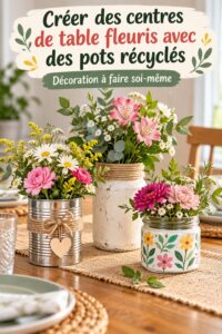 Centre de table floral réalisé avec des bocaux recyclés, décoré de fleurs colorées.
