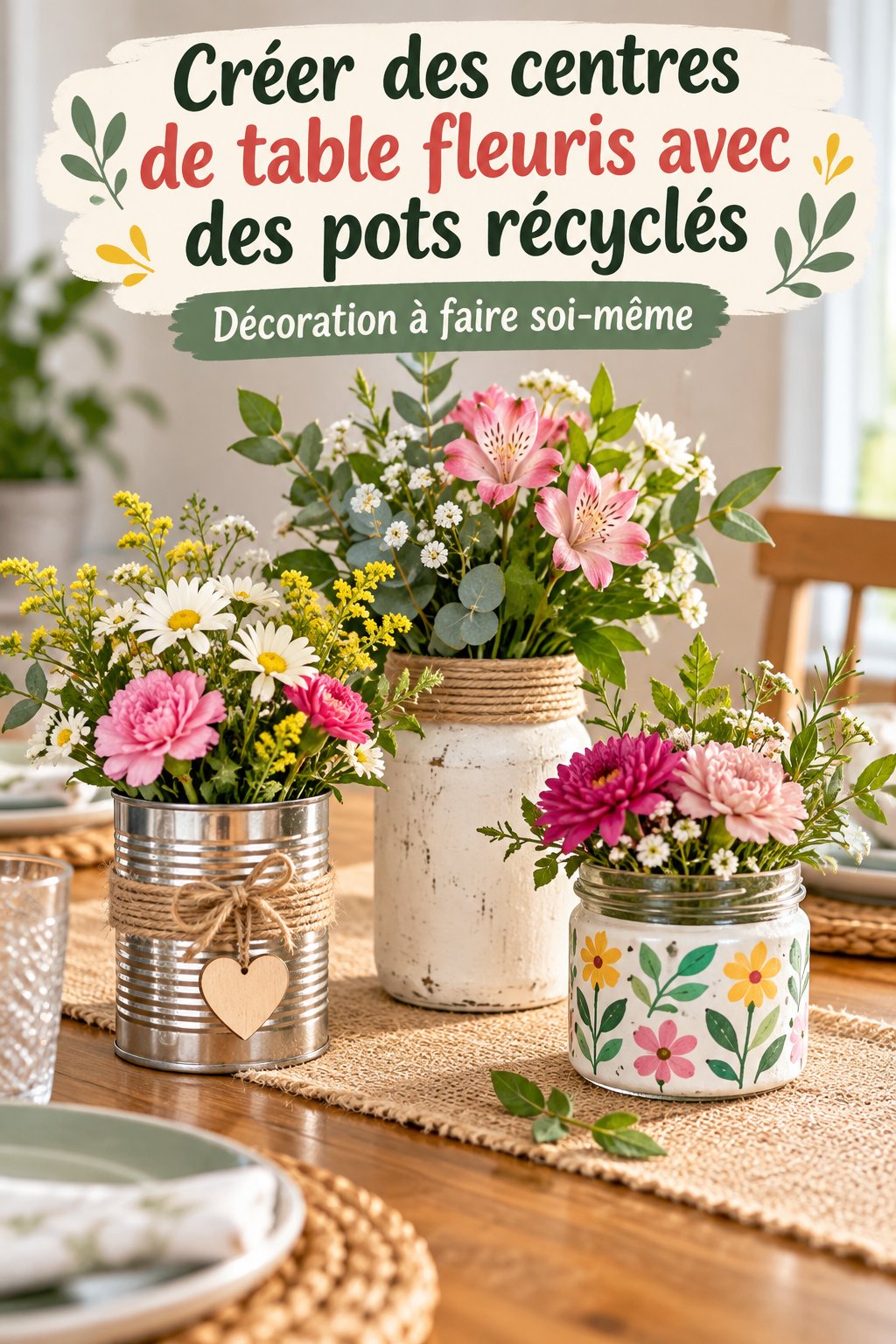 Centre de table floral réalisé avec des bocaux recyclés, décoré de fleurs colorées.