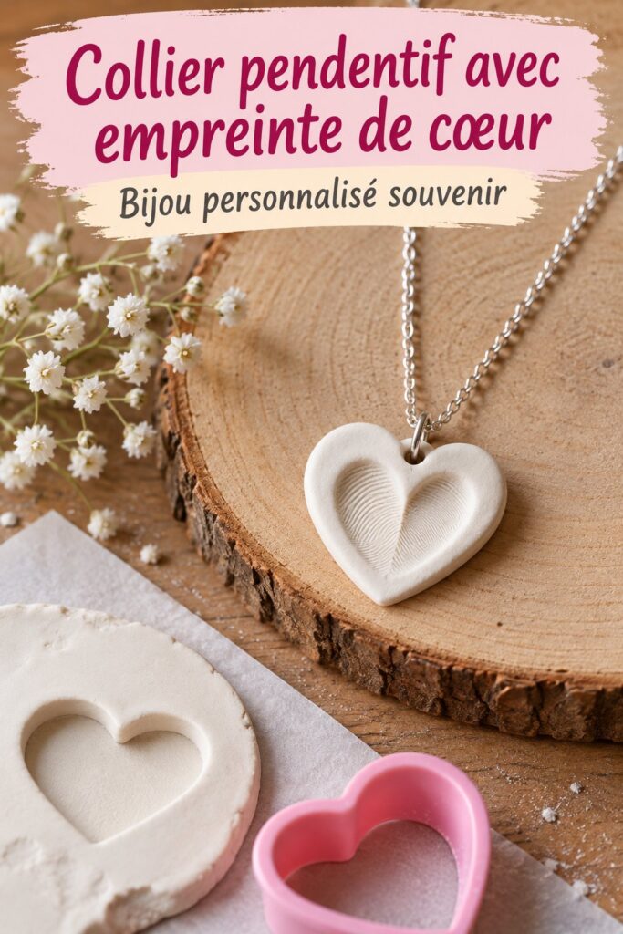 Collier pendentif avec empreinte de cœur, réalisé à la main.