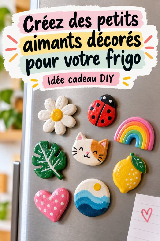 Magnets décoratifs colorés sur un frigo blanc, créés à la main.
