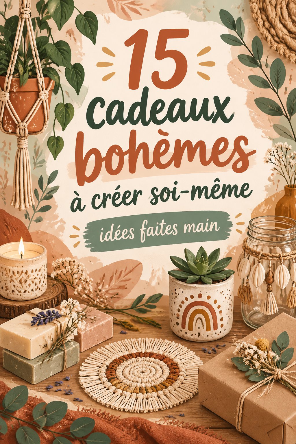 Exemple de créations boho faites main avec des matériaux naturels et colorés.