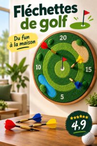 Dartboard golf original installé dans un salon, prêt pour une soirée jeux.