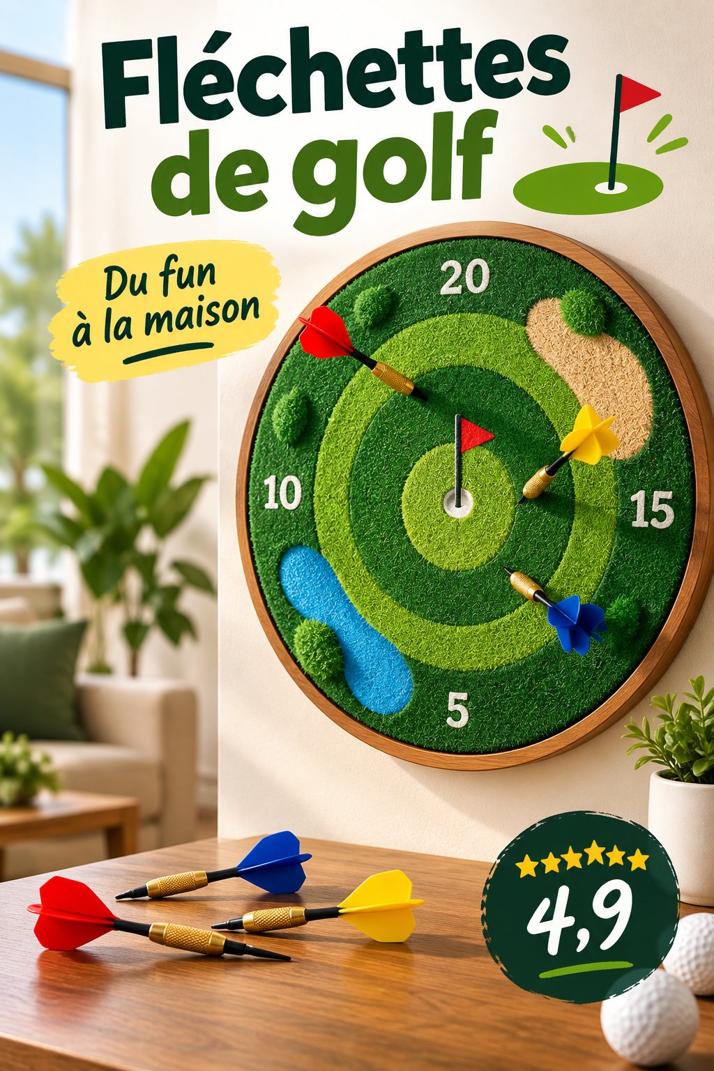 Dartboard golf original installé dans un salon, prêt pour une soirée jeux.