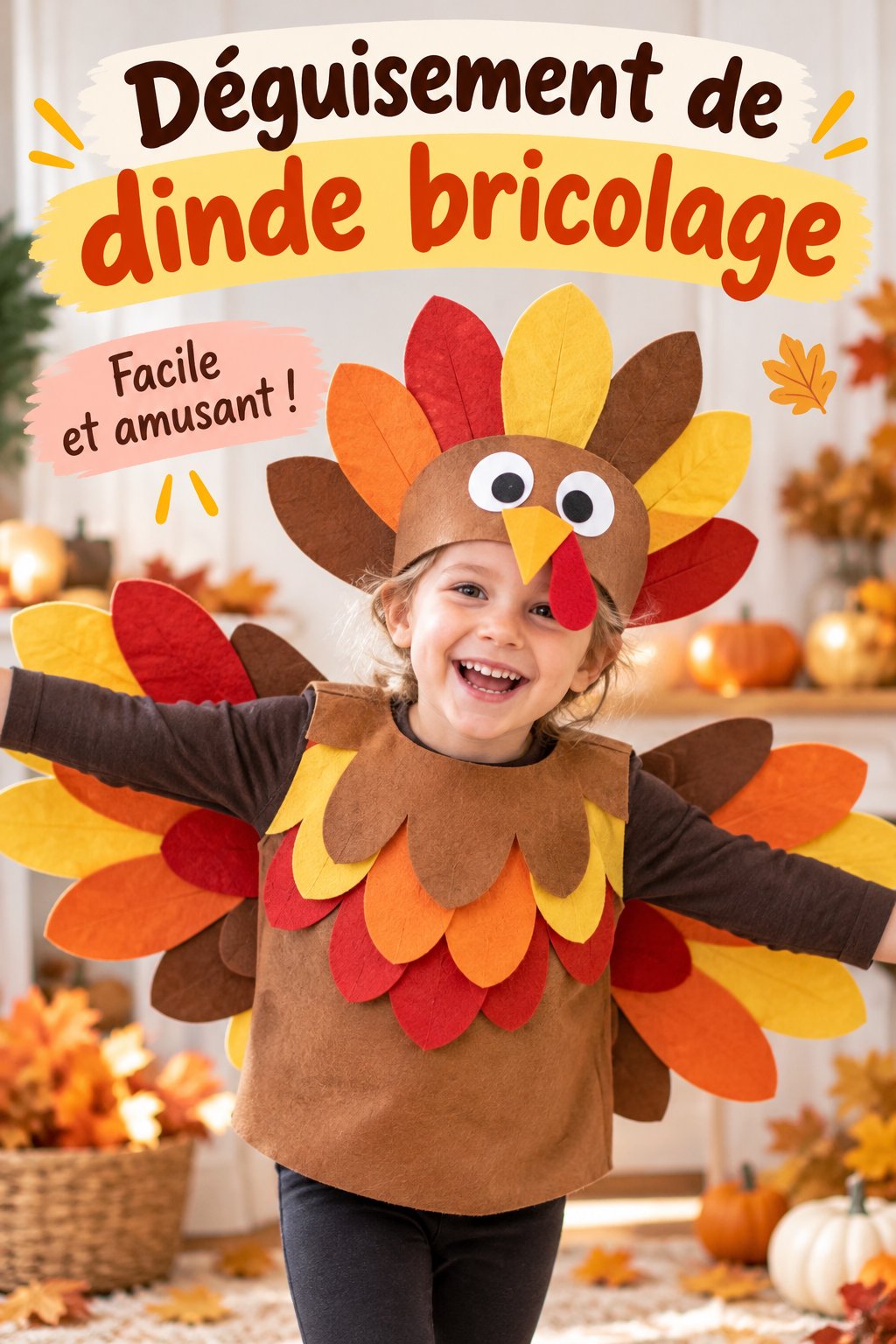 Déguisement de dinde fait maison porté par un enfant souriant