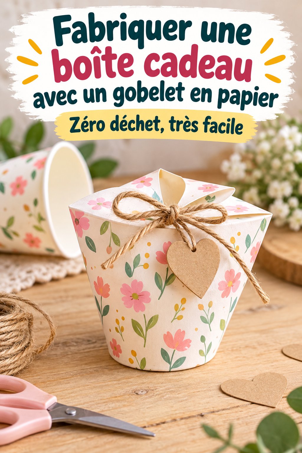 Une boîte cadeau colorée fabriquée à partir d'un gobelet en papier, sur une table festive.