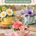 Fleurs en papier colorées disposées dans des tasses miniatures sur une table de fête
