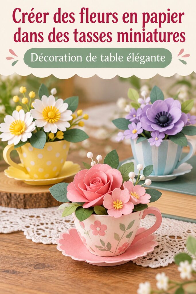 Fleurs en papier colorées disposées dans des tasses miniatures sur une table de fête