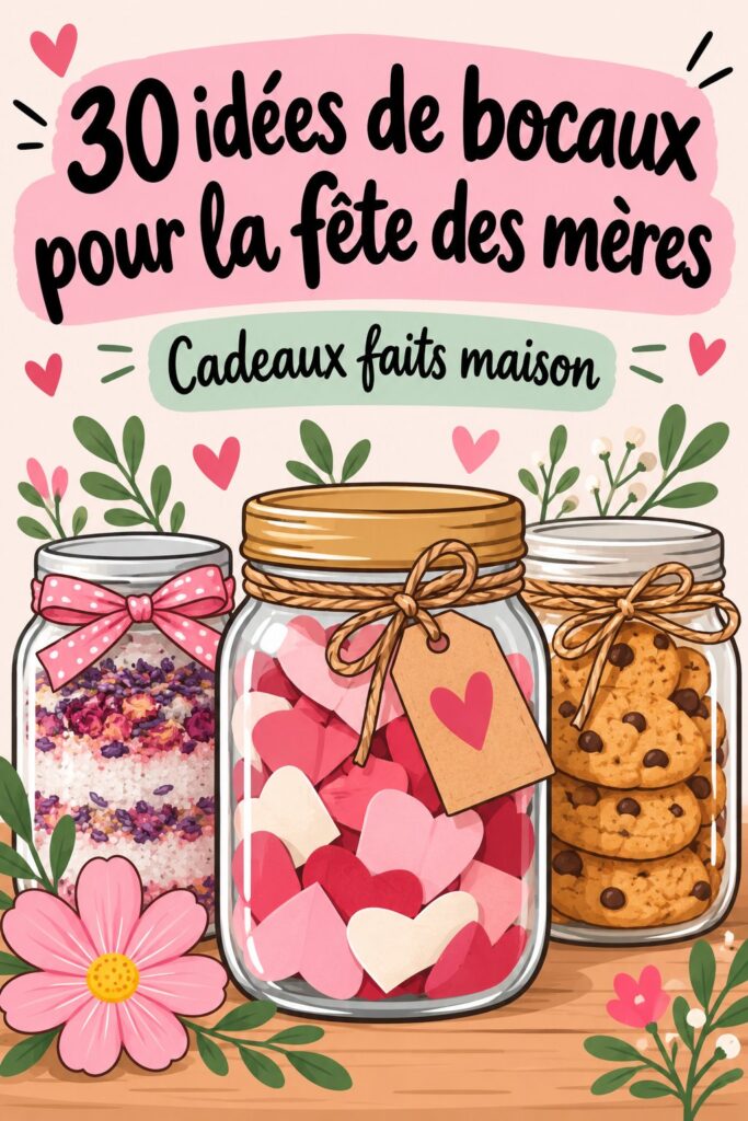 Un ensemble de bocaux décoratifs pour la fête des mères remplis de douceurs et de messages d'amour.
