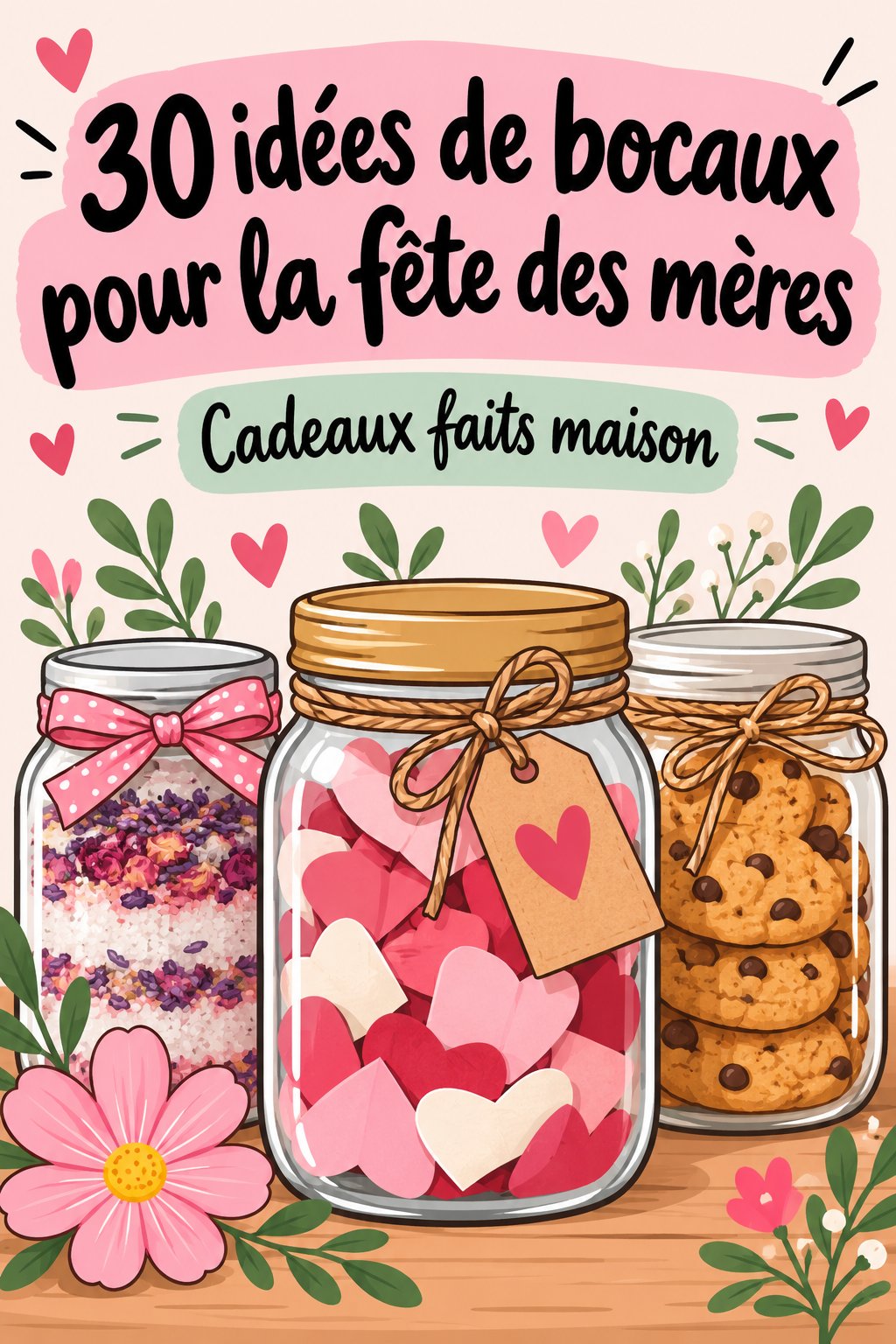 Un ensemble de bocaux décoratifs pour la fête des mères remplis de douceurs et de messages d'amour.