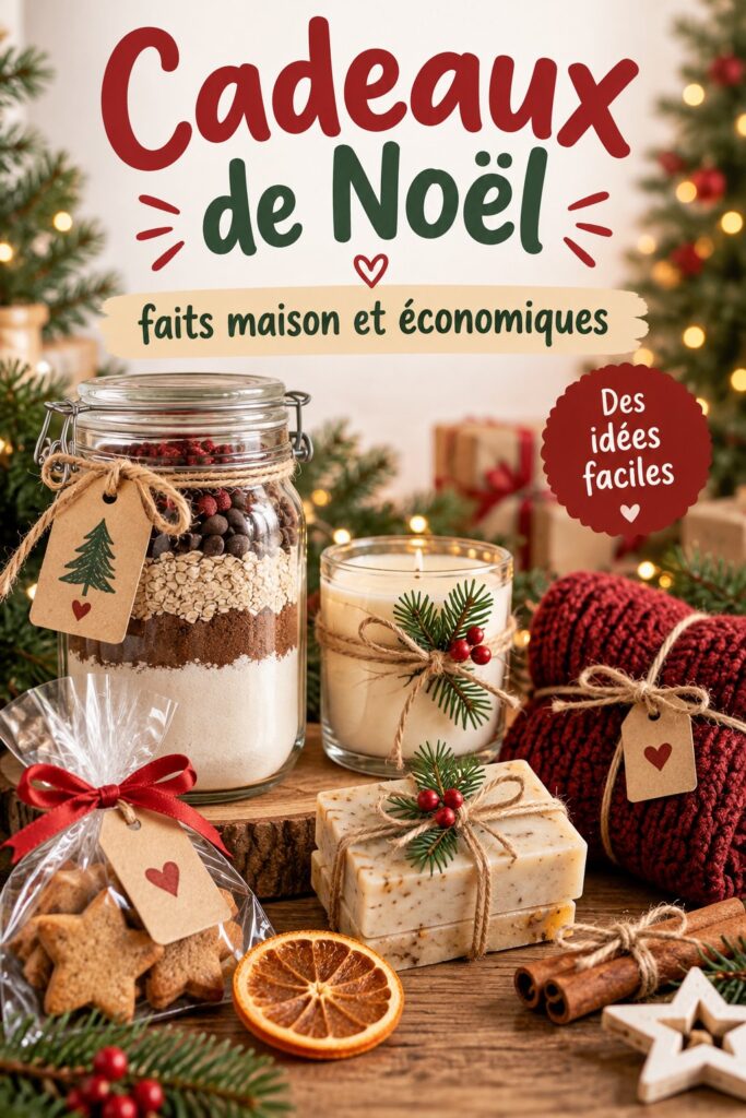 Un assortiment de cadeaux de Noël faits maison joliment emballés sur une table en bois.