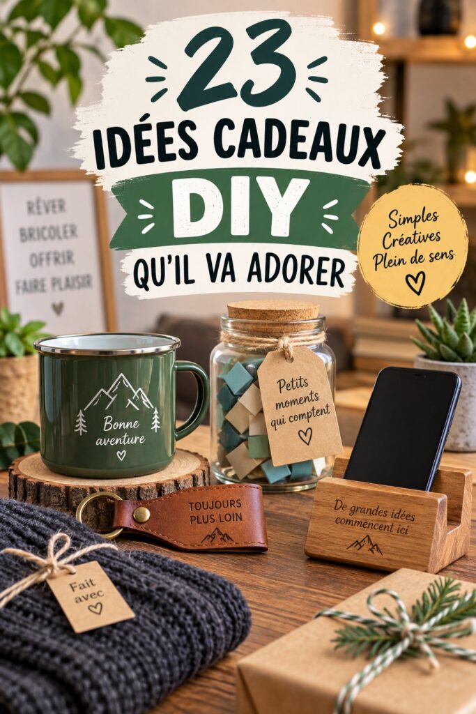 Image d'une sélection de cadeaux DIY faits main sur une table, avec des éléments créatifs et colorés.