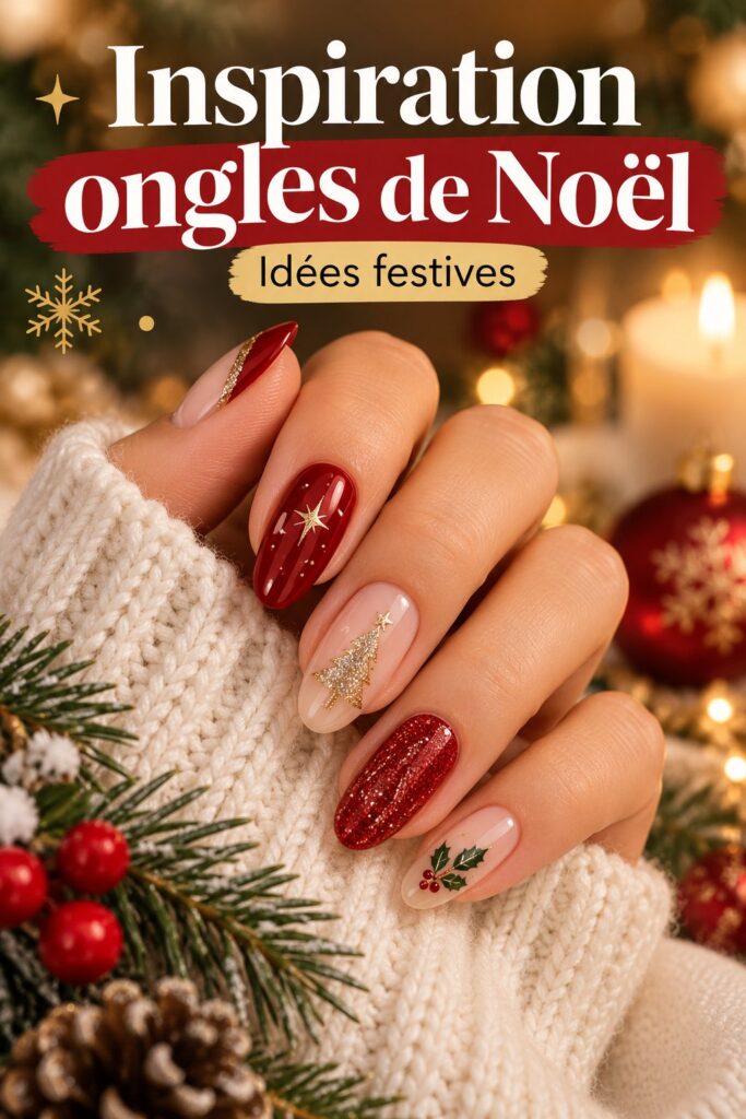 Ongles de Noël décorés avec des motifs festifs et des paillettes brillantes.