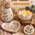 Créations colorées en pâte autodurcissante pour la fête des mères parmi des fleurs.