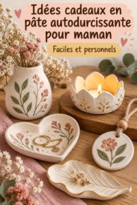 Créations colorées en pâte autodurcissante pour la fête des mères parmi des fleurs.