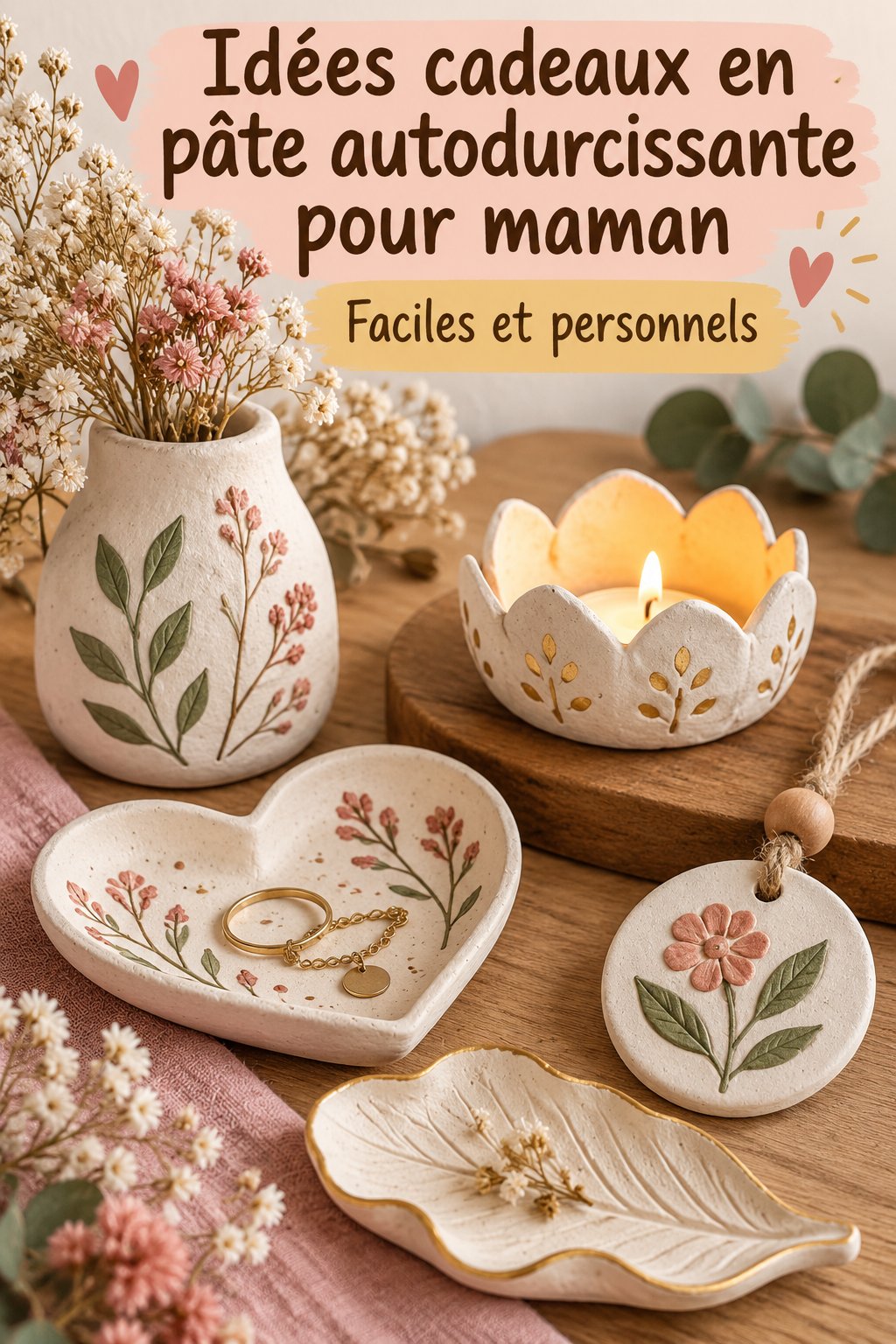 Créations colorées en pâte autodurcissante pour la fête des mères parmi des fleurs.