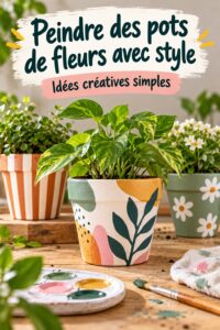 Pots de fleurs peints avec des motifs colorés dans un jardin ensoleillé.