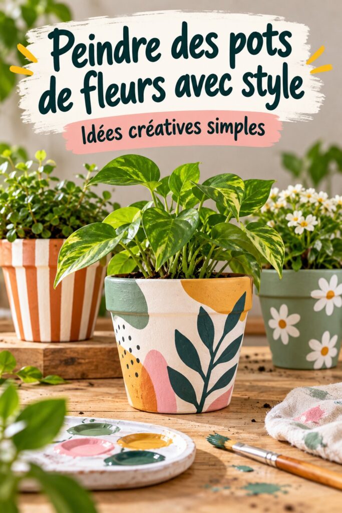 Pots de fleurs peints avec des motifs colorés dans un jardin ensoleillé.
