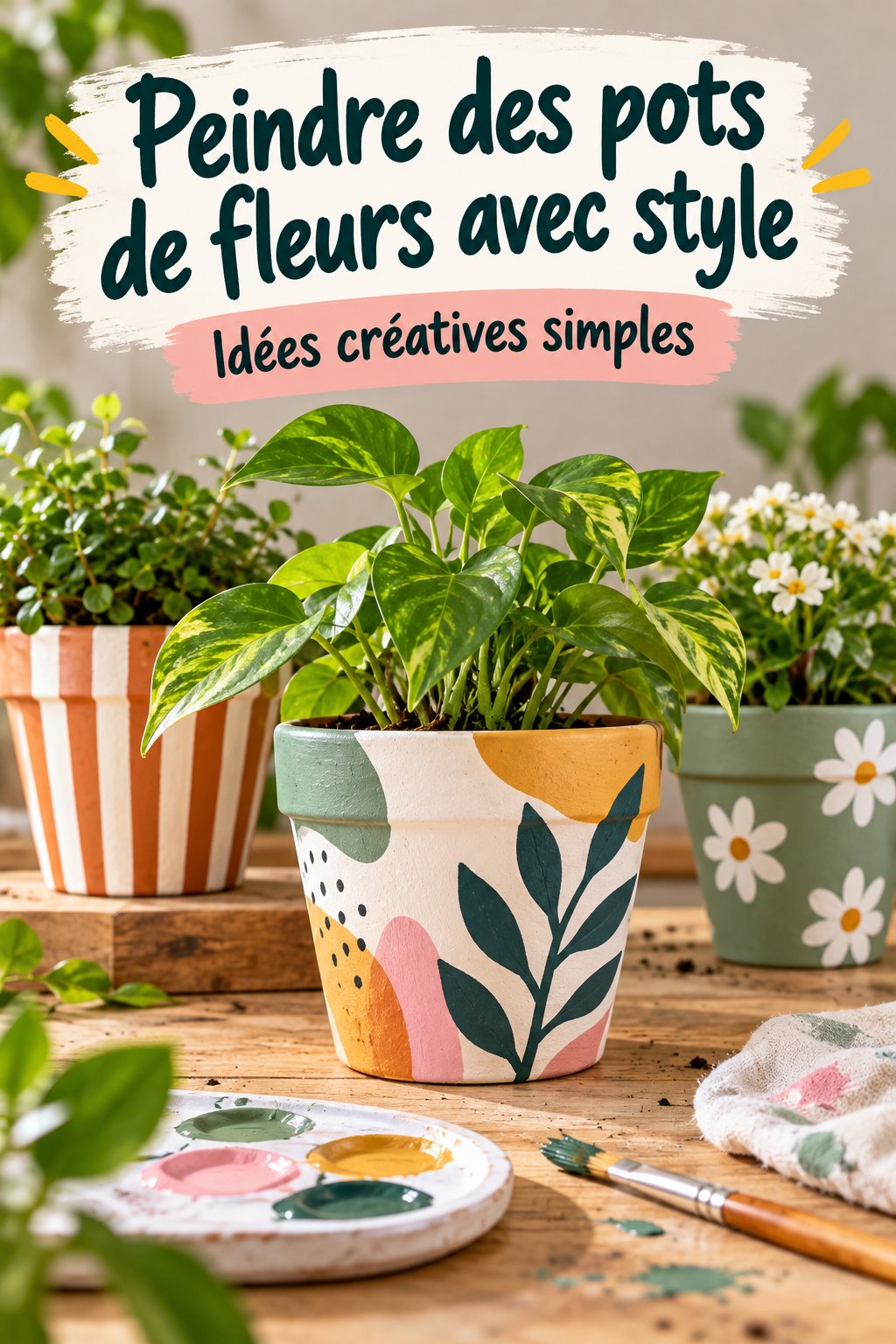 Pots de fleurs peints avec des motifs colorés dans un jardin ensoleillé.