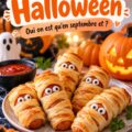 Mélange de snacks d'Halloween en forme de monstres et fantômes sur une table décorée