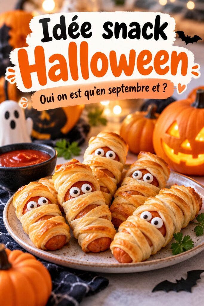 Mélange de snacks d'Halloween en forme de monstres et fantômes sur une table décorée