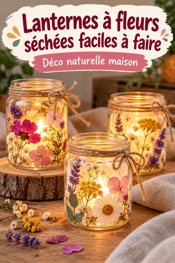 Une lanterne en verre ornée de fleurs pressées colorées, éclairant une table de fête.