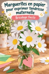 Marguerites en papier colorées sur une table, symbole d'amour maternel.