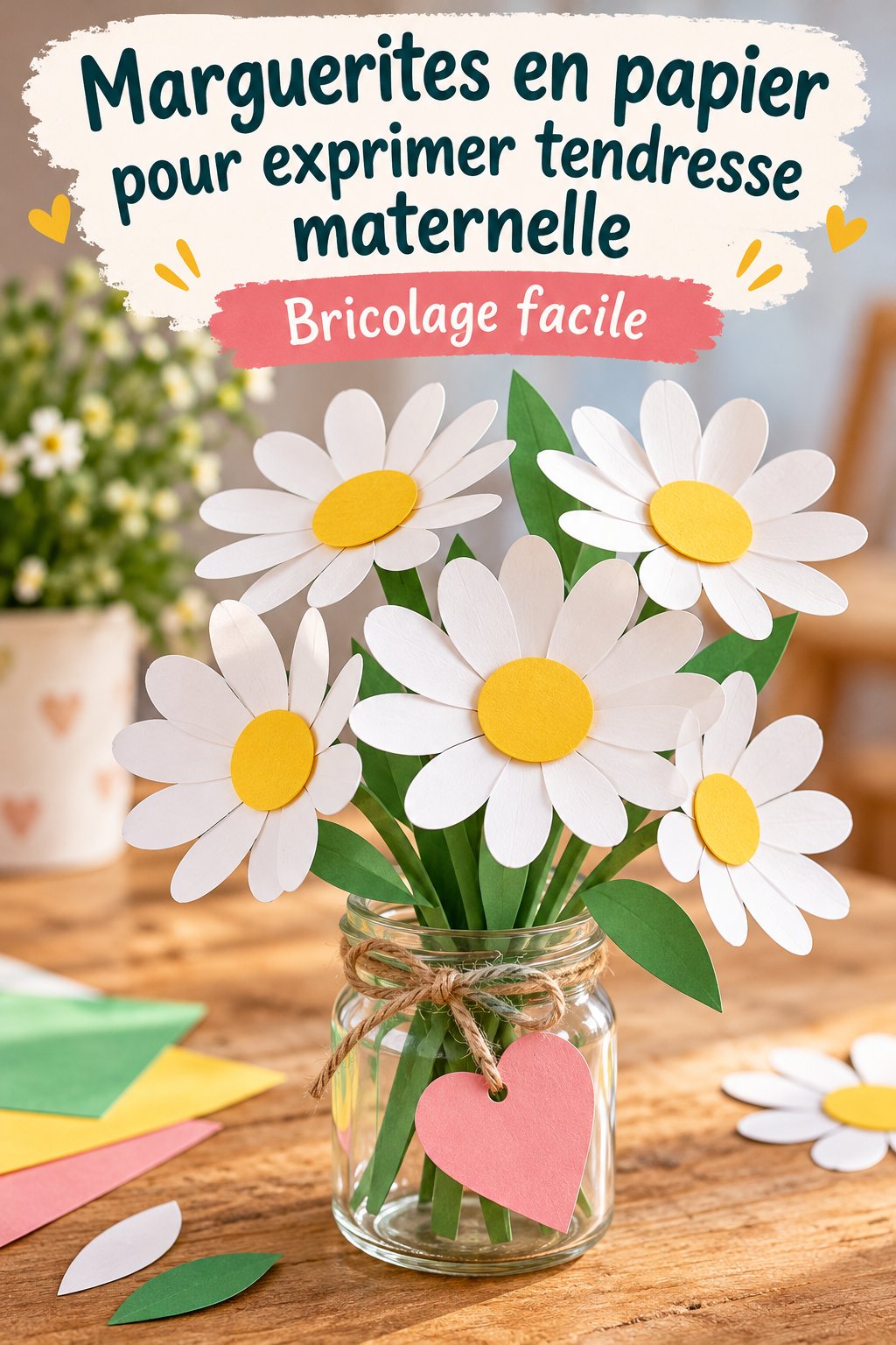 Marguerites en papier colorées sur une table, symbole d'amour maternel.