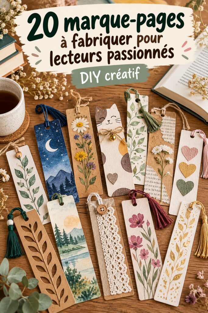Un assortiment de marque-pages faits main en papier et en tissu sur une table