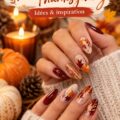 Ongles acryliques décorés pour Thanksgiving avec motifs automnaux.