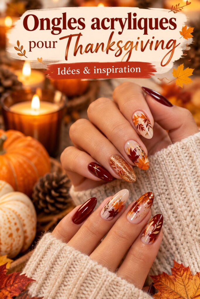 Ongles acryliques décorés pour Thanksgiving avec motifs automnaux.