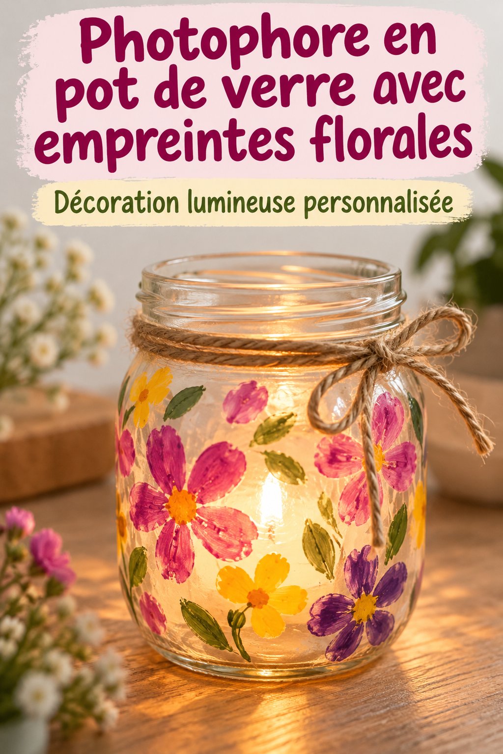 Photophore en pot de verre décoré avec des empreintes de fleurs colorées
