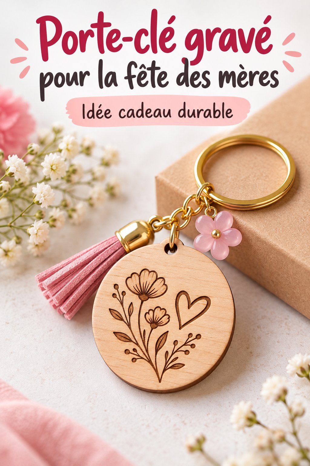 Porte-clé en bois gravé pour la fête des mères avec motif floral.