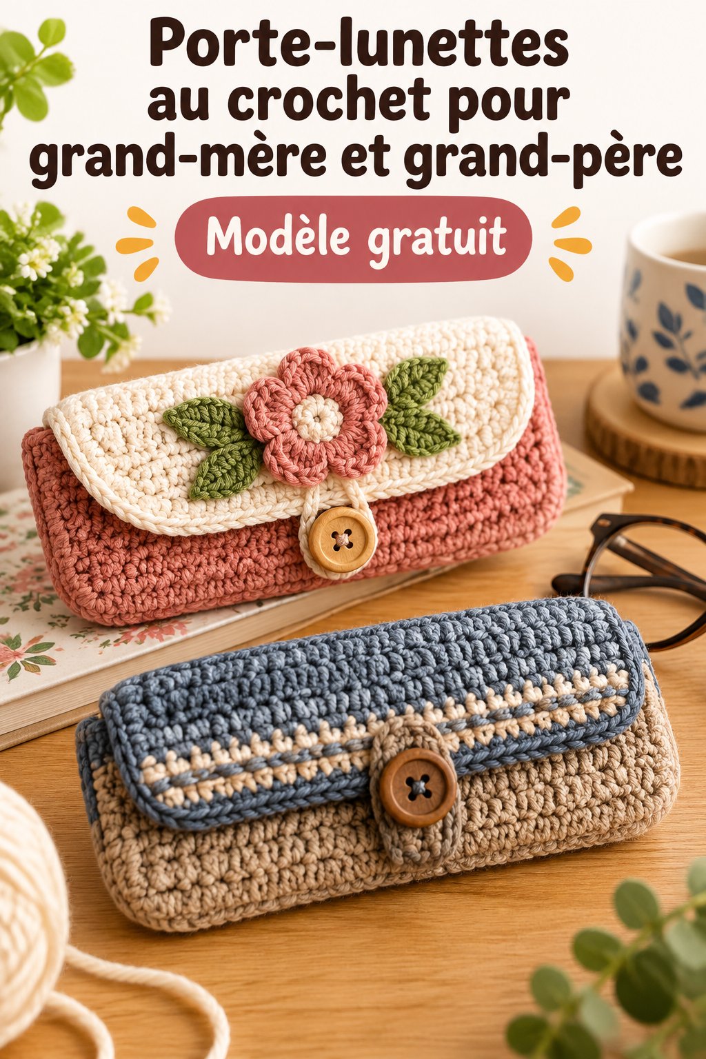 Porte-lunettes en crochet coloré pour grands-parents sur une table de travail