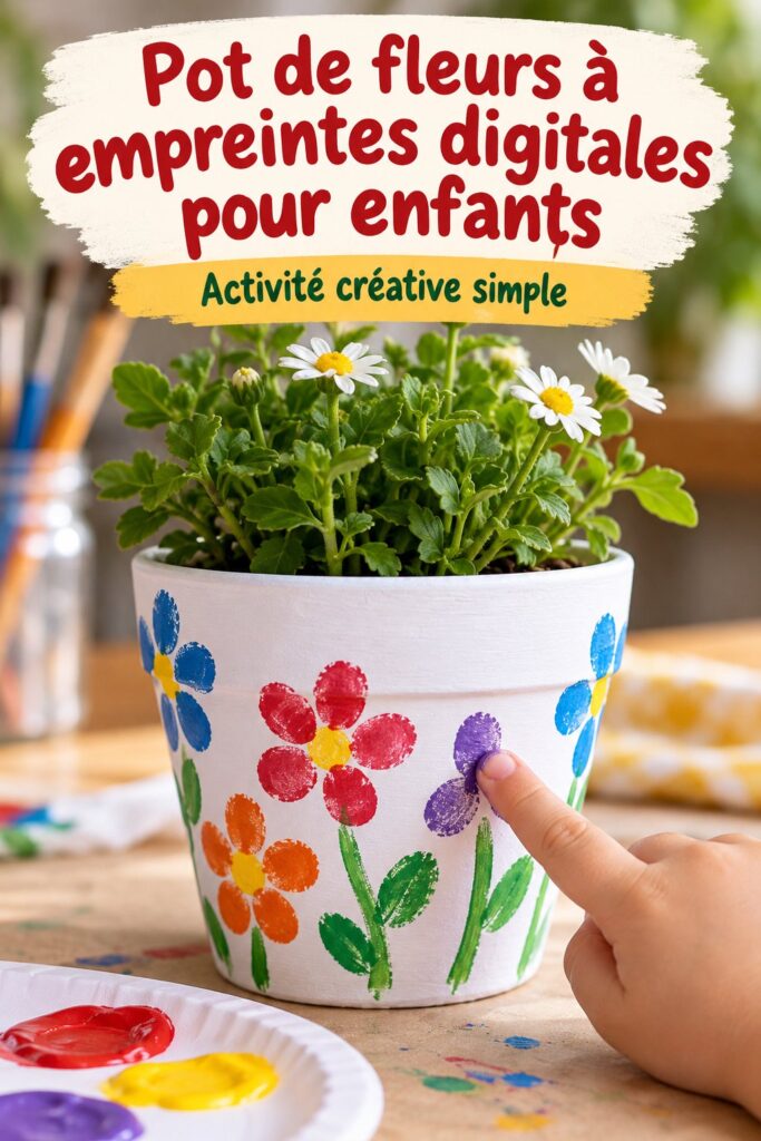 Un pot de fleurs coloré avec des empreintes digitales d'enfants, parfait pour un cadeau créatif.