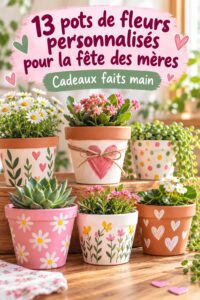 Pot de fleurs fait main pour la fête des mères, avec un message touchant et des fleurs colorées.
