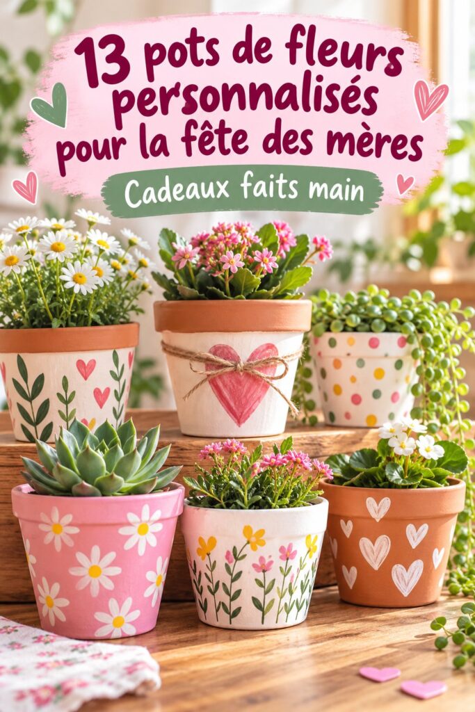 Pot de fleurs fait main pour la fête des mères, avec un message touchant et des fleurs colorées.